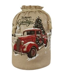 Extra Large fabric Santa sack canvas drawstring bag red truck, seasons greetings